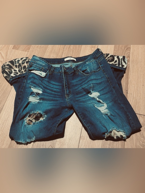 KanCan Denim - KanCan Dark Blue Ripped Skinny Jeans with Leopard Lining